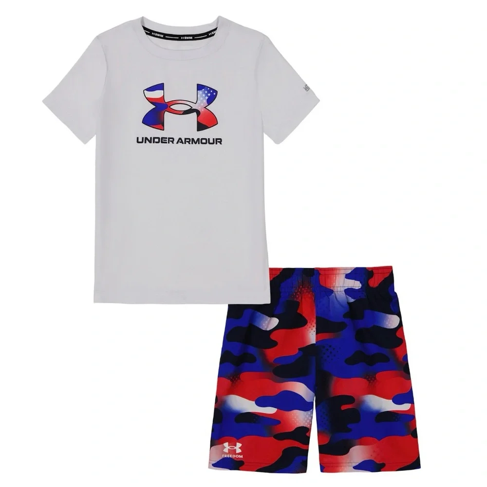 NEW Little Boy Under Armour Rashguard‎ & Swim Trunks Set, Red White Blue